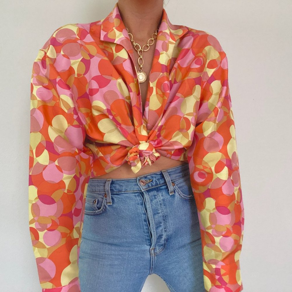 Vintage Silk Bright Geo Top Pink, Orange, Yellow - Picture 4 of 8